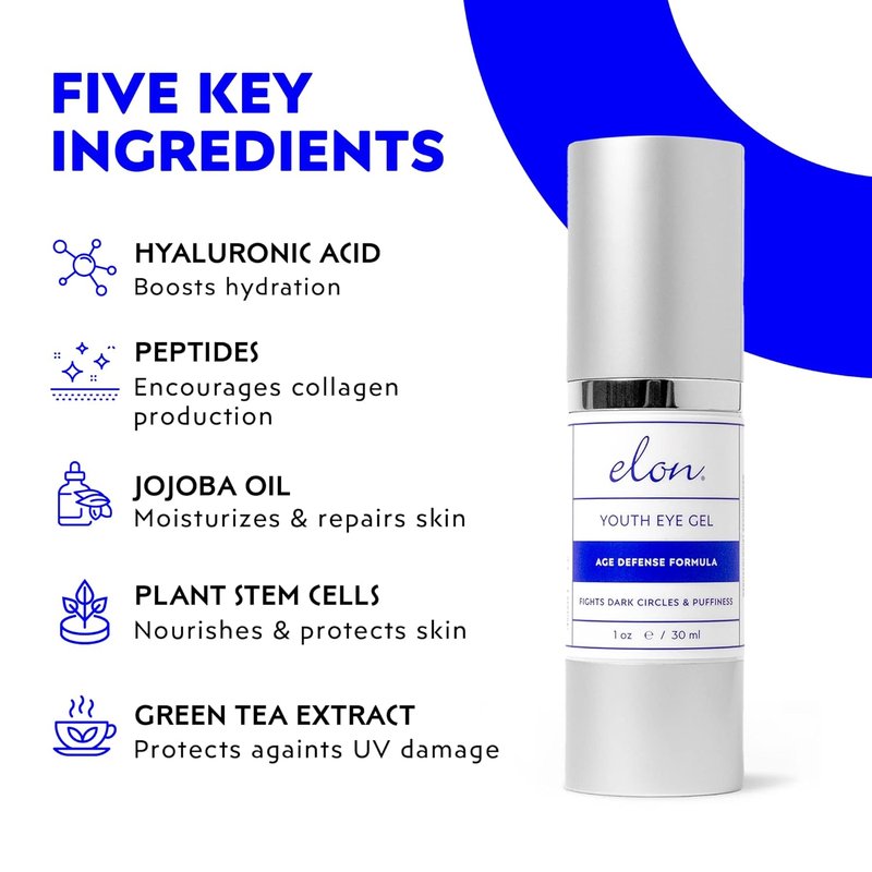 Elon Youth Under Eye Gel - Hyaluronic Acid & Plant Stem Cells | Anti-Aging Dark Circle Reducer for All Skin Types (1oz/30ml)