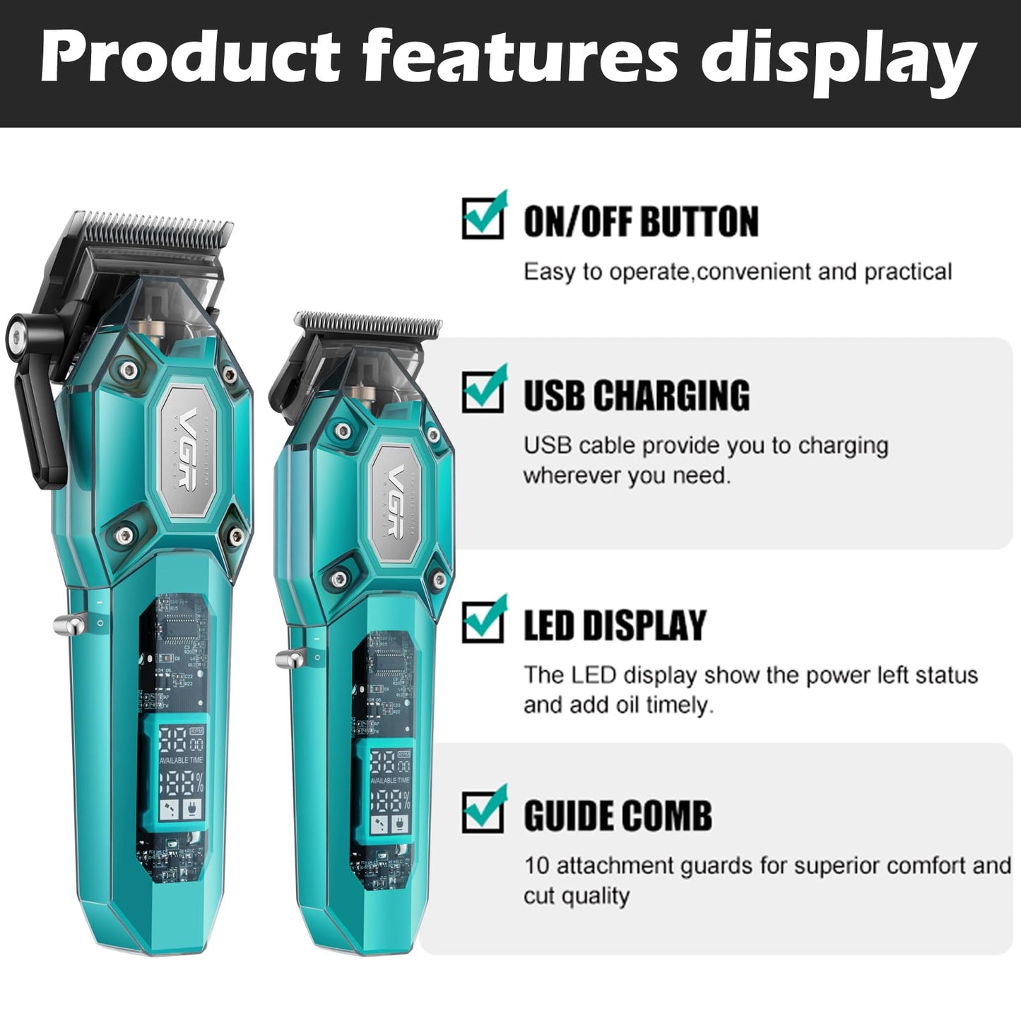 VGR Professional Hair Clippers for Men, Cordless Barber Clippers and Trimmers Set, Mens Hair Cutting Kit with 10 Guide Combs, USB Rechargeable Haircut Machine for Family, LED Display, Green