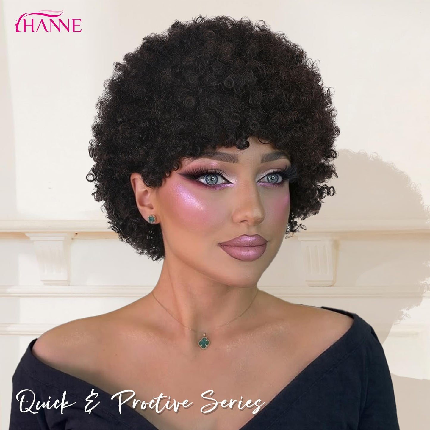 HANNE Short Afro Wig for Black Women 100% Human Hair Tight Curly Wig Short Curly Wig (Black)