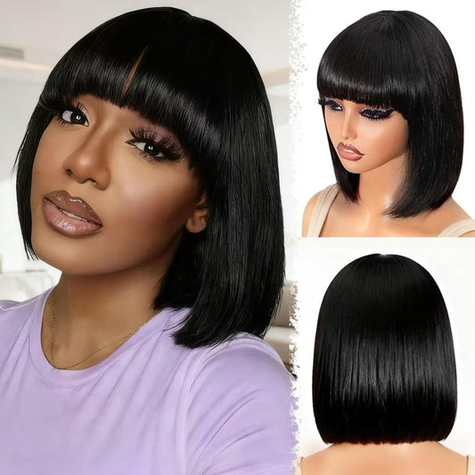 ZHENGON Bob Human Hair Wig with Bangs Silky Straight Glueless Wigs Human Hair 150% Density Black Bob Wig with Bangs None Lace Machine Made Wigs for Black Women 10Inch