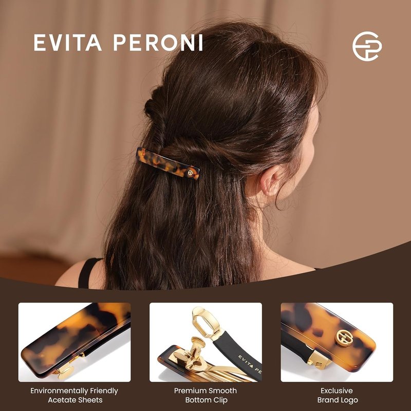 Evita Peroni French Hair Barrettes - No-Slip Clips for Thick & Thin Hair | Black Acetate, Medium Size