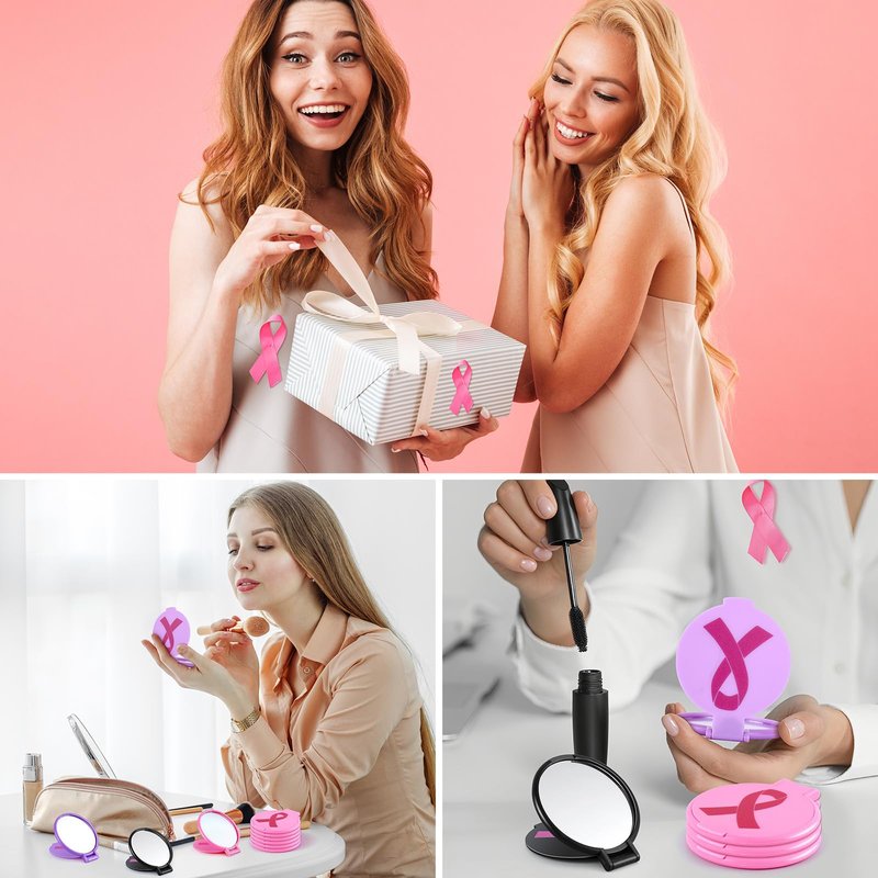 100pcs Breast Cancer Awareness Gifts for Women Pink Ribbon Mini Folding Makeup Mirror Bulk Round Pocket Portable Mirror Breast Cancer Awareness Accessories for Girls Survivor Party Favors Supplies
