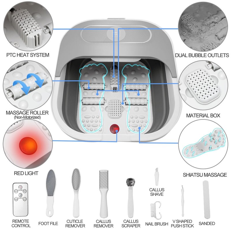 UNIFULL Collapsible Foot Spa Bath with Heat and Massage Rollers, Bubble, Foot Pedicure Kit, Temperature Control, Red Light, Pedicure Foot Spa, Foot Bath