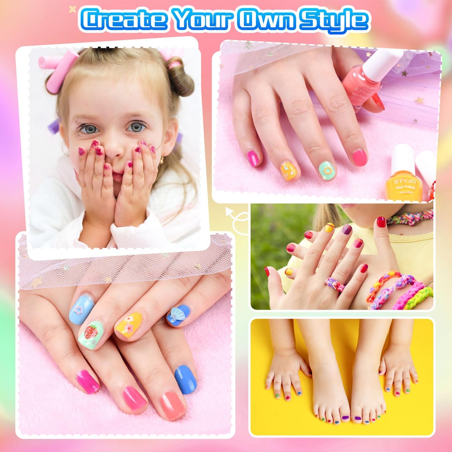 ETYJO Kids Nail Polish Non-Toxic Nail Polish Set for Girls 10 rainbow Colors Water Based Peel Off Quick Dry Nail Polish Kit for Age 3+ Toddler Teen Birthday Gift