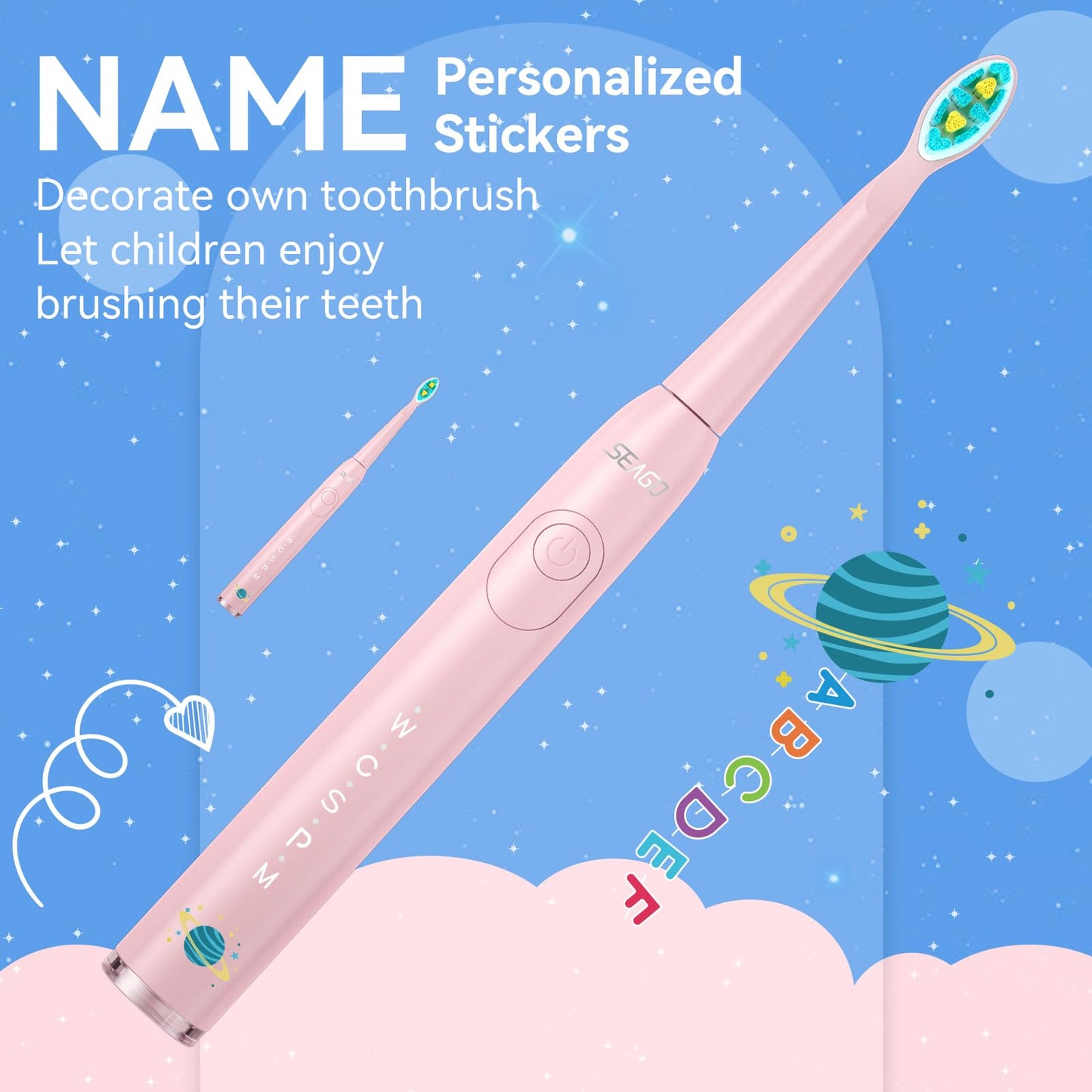 SEAGO Kids Electric Toothbrush, Sonic Soft Bristle Rechargeable Toothbrushes with DIY Stickers, 5 Modes, Includes 4 Replacement Brush Heads, Ages 3 to 12 Years Old (Pink)