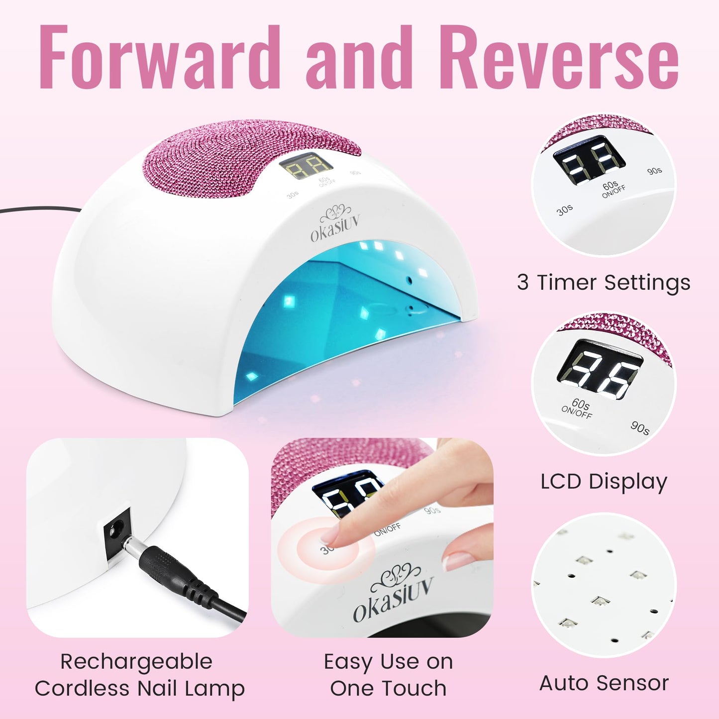 Okasiuv Rechargeable UV LED Nail Lamp with Diamond Design & Touch Control - 3 Timer Settings, Fast Curing for All Gel Polishes, Portable UV Nail Dryer for Professional Salon & Home