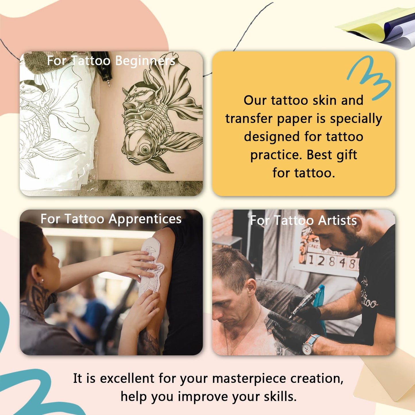 WZPB Tattoo Skin with Transfer Paper - 40Pcs Fake Skin and Stencil Paper Kit Including 20Pcs Double-Sided Practice Skin and 20Pcs Tattoo Transfer Paper for Beginners and Artists