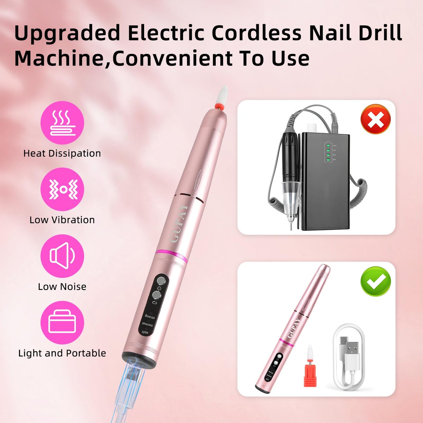 GUPAY Cordless Nail Drill Kit - 20000RPM Rechargeable Electric Manicure File for Gel Acrylic Natural Nails Portable Efile Tool Women Beginners Home Use Salon Spa Essentials (Purple)