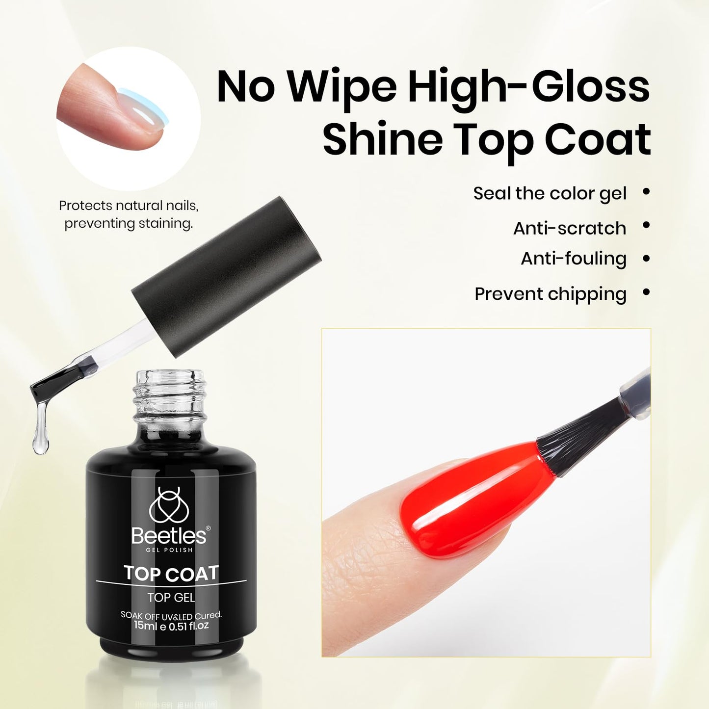 Beetles Gel Base and Top Coat & Cuticle Oil Set, 3Pcs 15ml Cuticle Protectors Kit No Wipe Glossy Shine Long Lasting Oil Care for Dry Damaged Cuticles Gifts for Women