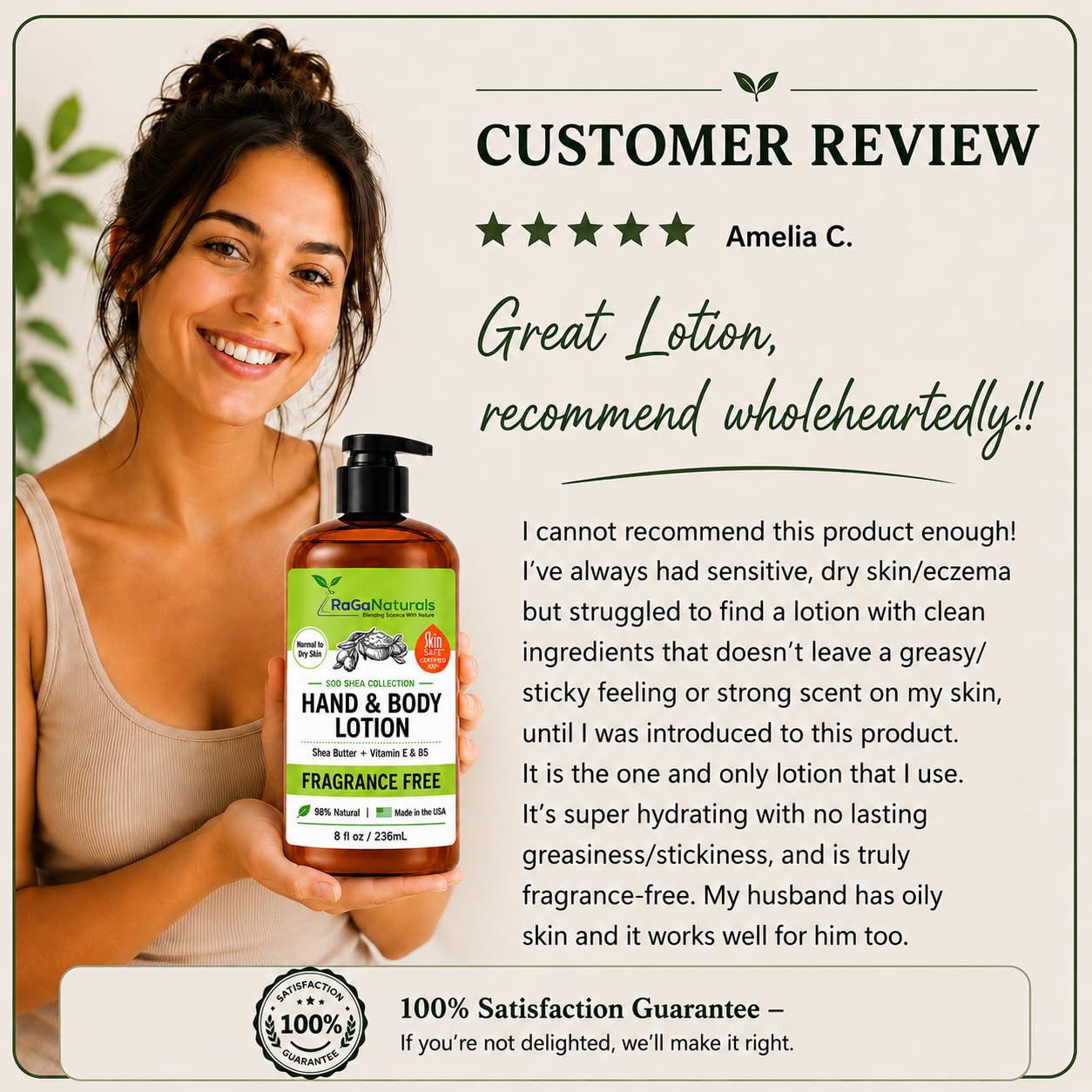 RaGaNaturals Natural Unscented Body Lotion for Dry Skin with Shea Butter and Vitamin E & B5 - Hydrating, Nourishing, Fragrance Free Hand Moisturizer With Organic Essence - For Women, Men, Kids - 8 Oz