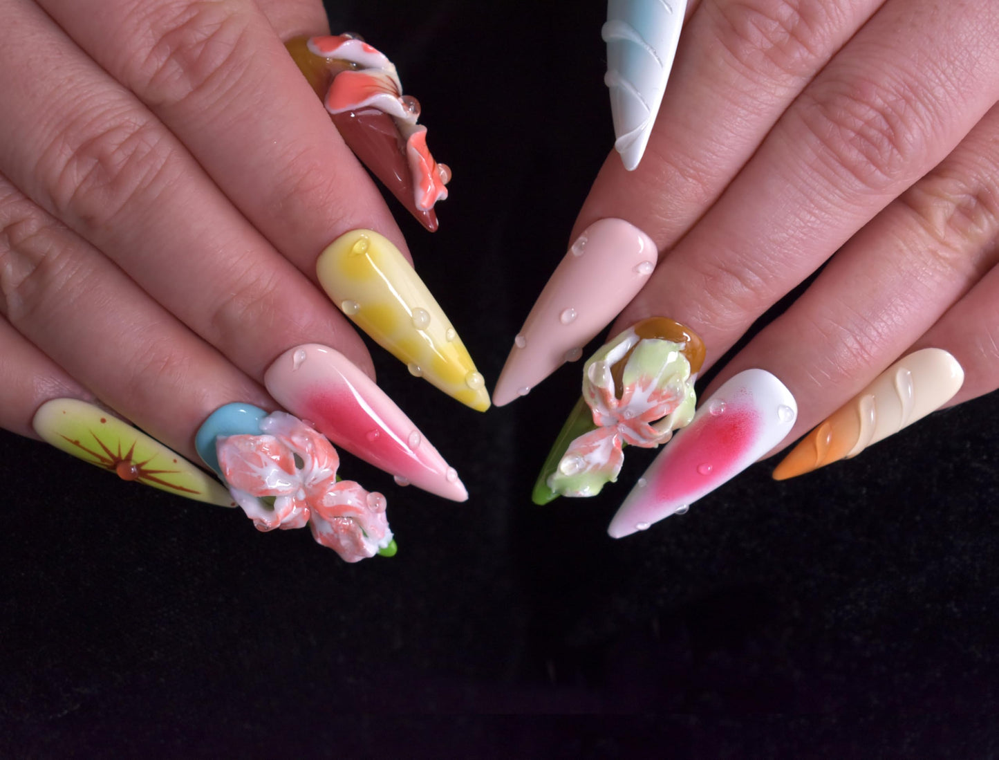 LIFOOST Manual Press on Nails 10Pcs with Hand Carved Flower Petals Long Almond Handmade Nails for DIY Manicure Decorations, Size Medium