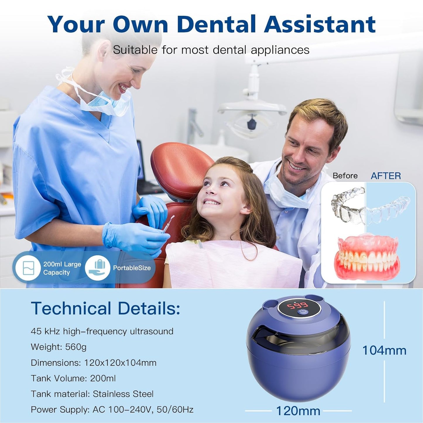 Ultrasonic Retainer Cleaner Machine - 45kHz 200ML with Digital Timer | Navy Blue, 4 Cleaning Modes for Aligners, Braces & Jewelry