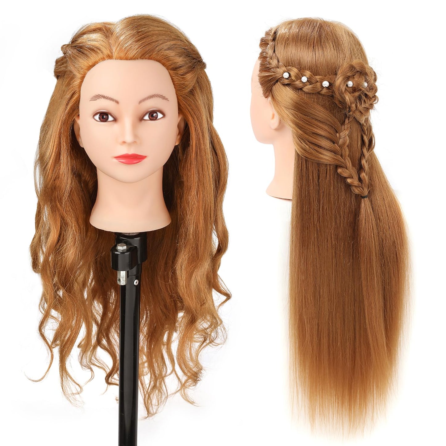 26"-28" Long Hair Mannequin Head with 60% Real Hair, Hairdresser Practice Training Head Cosmetology Manikin Doll Head with 9 Tools and Clamp - #27 Golden, Makeup On