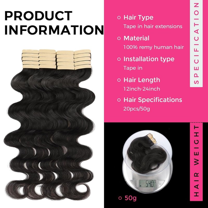 Tape In Hair Extensions - Body Wave 100% Remy Human Hair | 14 Inch Natural Black, 50g/Pack (20 Pieces)