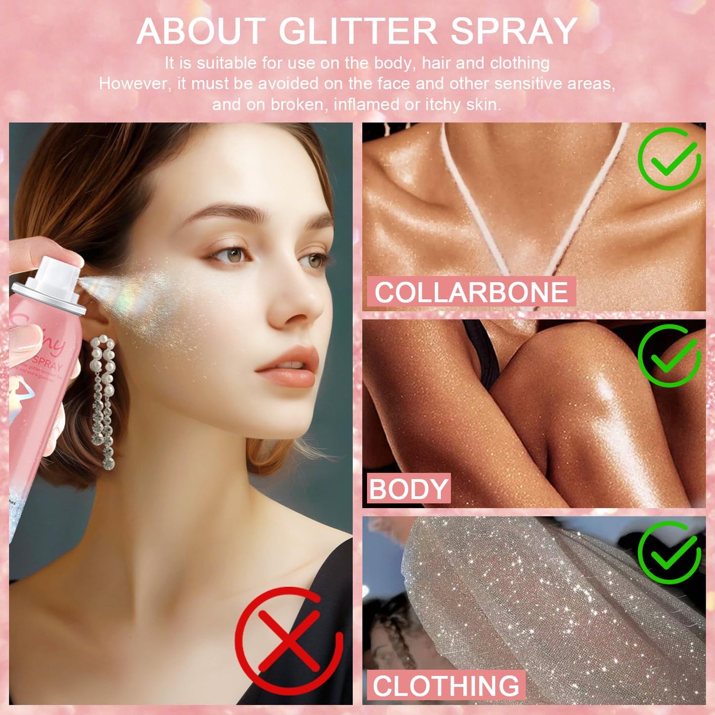 Hair and Body Glitter Spray, Holographic Glitter Highlighter Powder, Hairspray for Clothes, Face Body Shiny Glitter, Loose Shimmer Hairspray Festival Rave Prom Accessories, 2.11 Fl Oz (Rainy-Rainbow)
