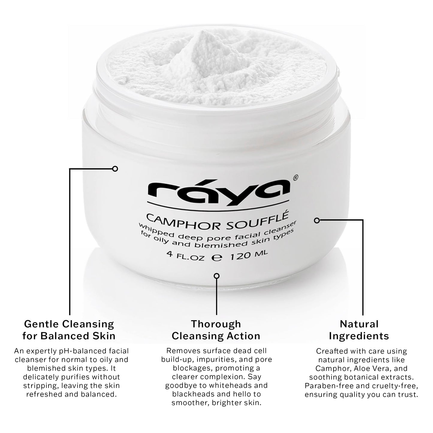 Raya Camphor Soufflé Facial Cleanser (101) - pH-Balanced Blemish Facial Wash for Oily & Break-Out Skin, Blackheads & Whiteheads, Clarify Pores, Refreshing Camphor Formula, Smooth Complexion - 4oz