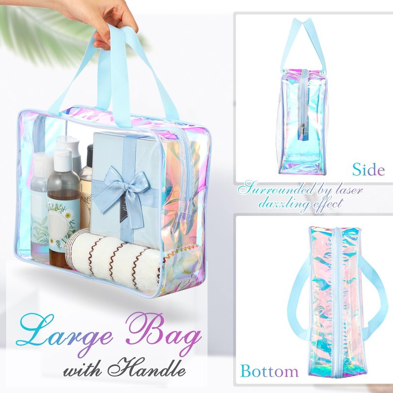 Sweetude 10 Pcs Large Clear Toiletry Bag with Handle Large Capacity Travel Iridescent Beach Makeup Bag PVC Clear Plastic Tote Punch Cosmetic Clothes Storage Organizer for Women Men (Blue)