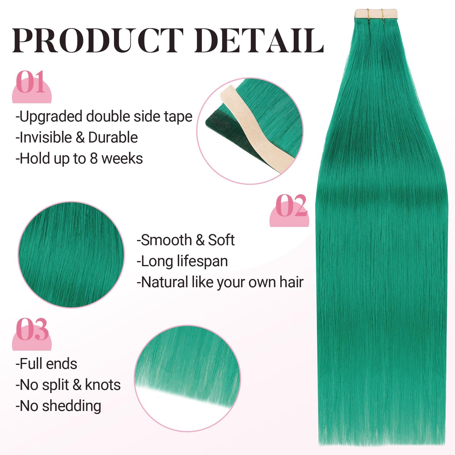 MAXITA Tape in Hair Extensions Human Hair Green Tape in Extensions 20 Inch 10pcs 30g Remy Invisible Silky Straight Colored Soft Real Human Hair