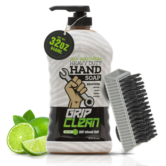 Grip Clean Heavy-Duty Hand Cleaner for Mechanics with Nail Brush - Moisturizing Coconut Oil Hand Cleaner Liquid Hand Soap with Stiff Bristle Nail Brush, Lime Scent - 32 Fl Oz Pump Top + Brush