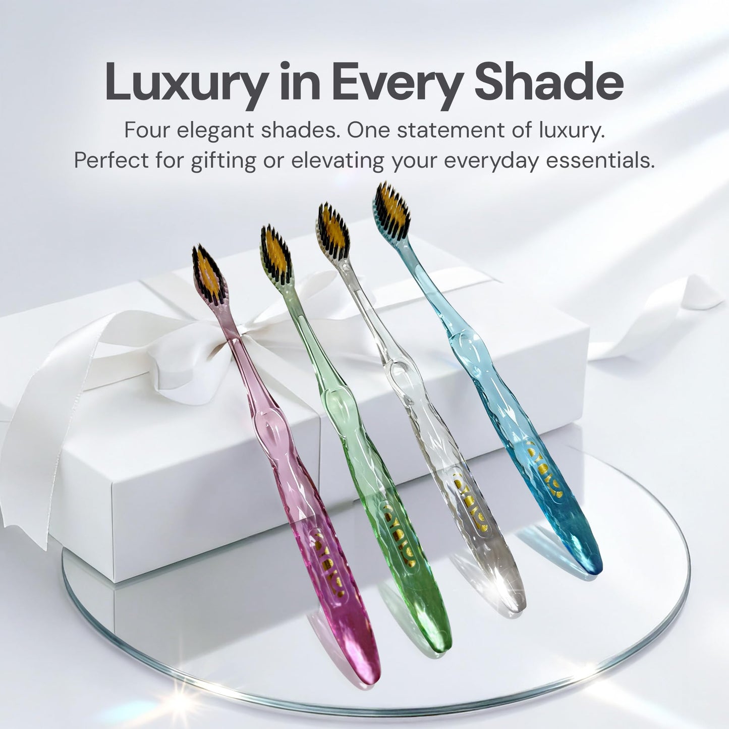 Nano-b Manual Toothbrush Set for Adults with Sensitive Gums, Gold & Charcoal Soft/Medium Bristles, Travel Cases, Blue, Pink, Green, Crystal, 4-Pack