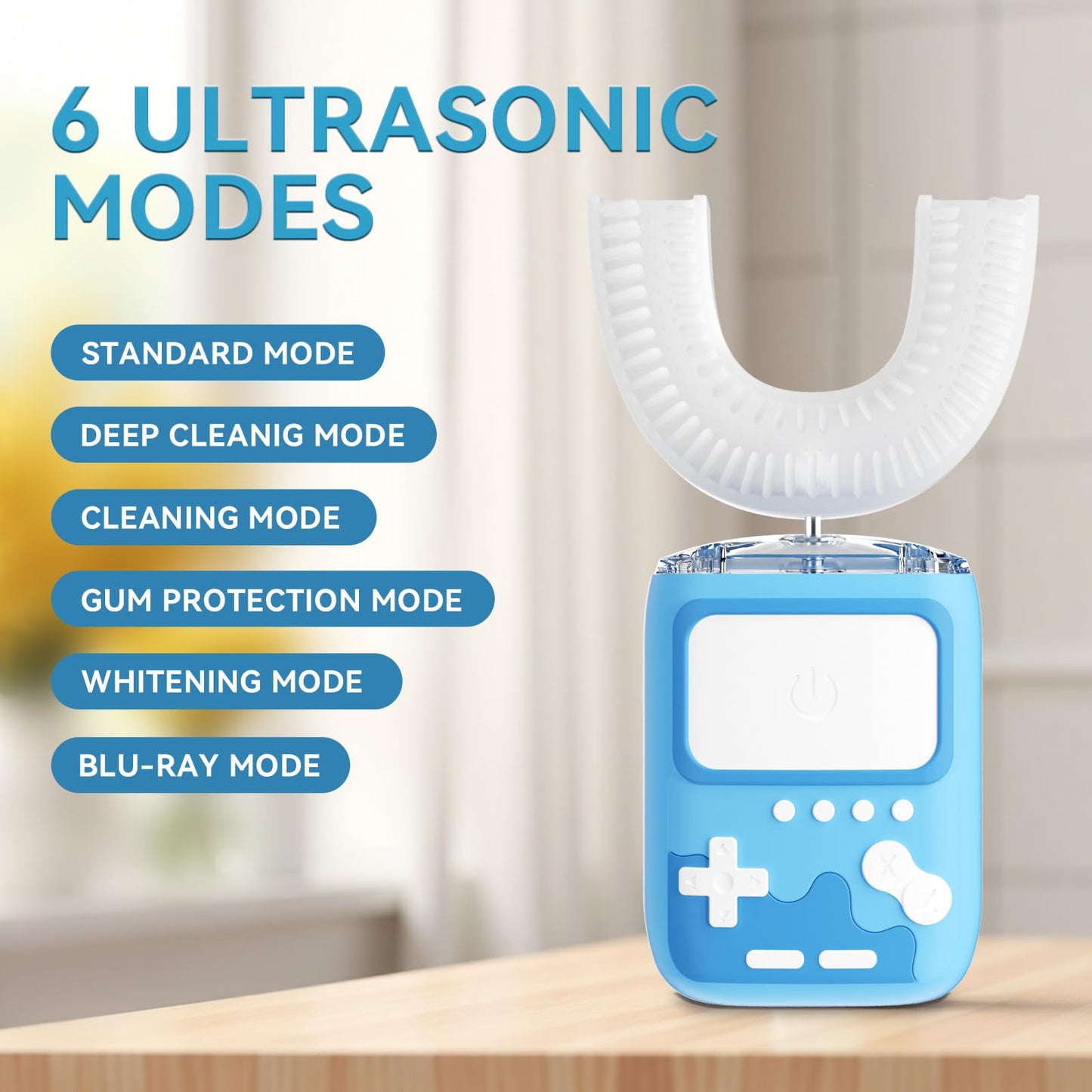 yeklike Adult Ultrasonic Electric Toothbrush, 360° Oral Cleaning for Stain & Whitening, IPX7 Waterproof Rechargeable, U-Shape Brush Head×3 + Straight Handle Brush Head×2 + Storage Cup