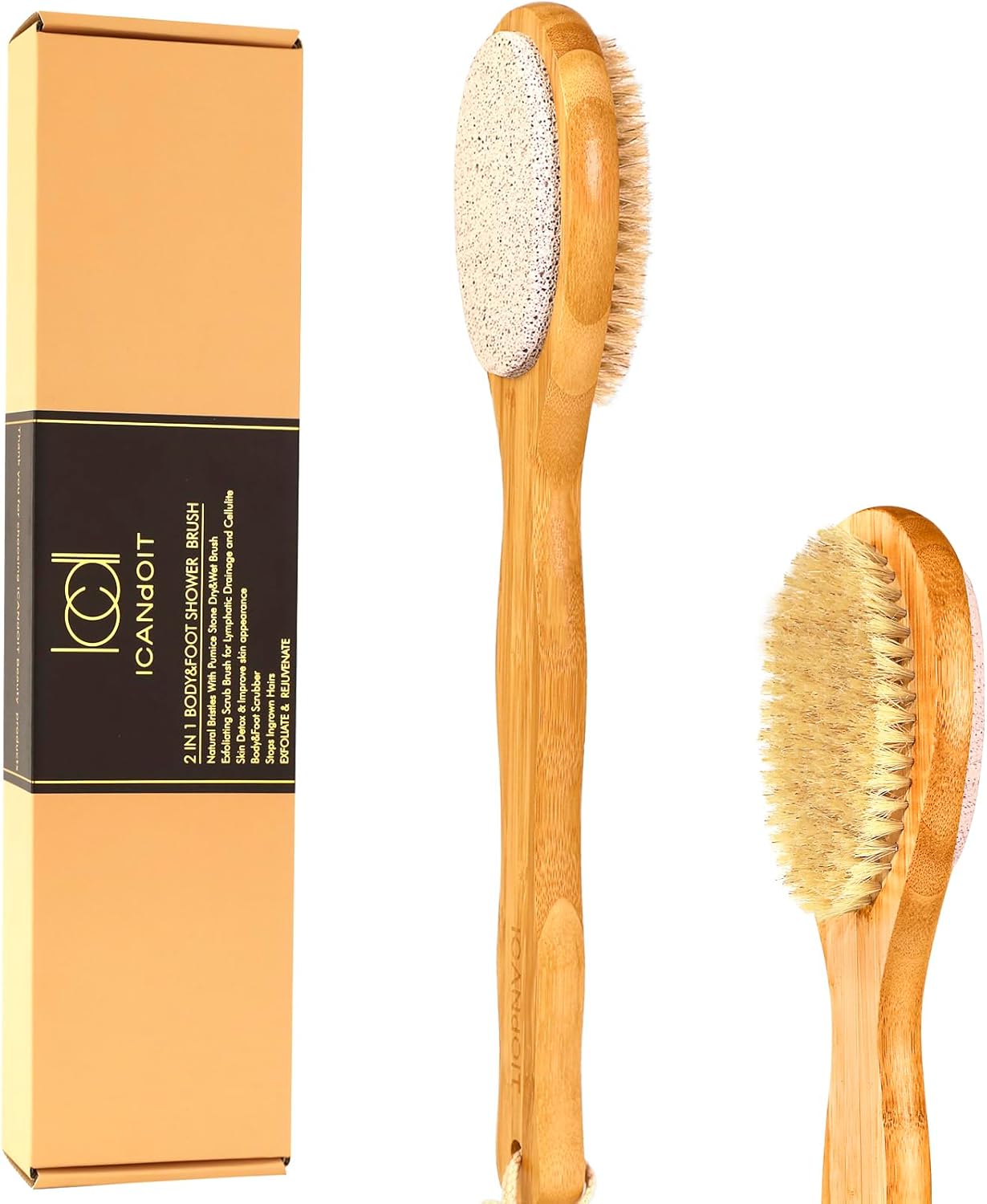 ICANdOIT 2-in-1 Long Handle Bath & Shower Brush - Boar Bristle with Pumice Stone for Exfoliating & Softening Skin | Ideal for Cellulite & Lymphatic Drainage