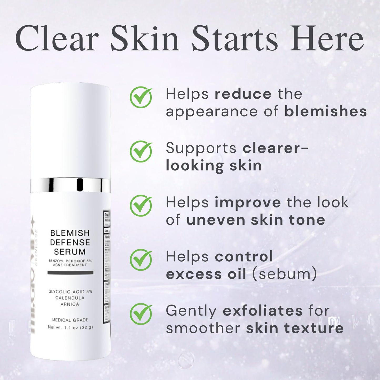 mi.Glo Blemish Defense Clarifying Facial Serum 1.1 oz with Glycolic Acid 5%, Allantoin | Lightweight Daily Face Serum for Oily & Blemish-Prone Skin | Oil Balancing Skincare
