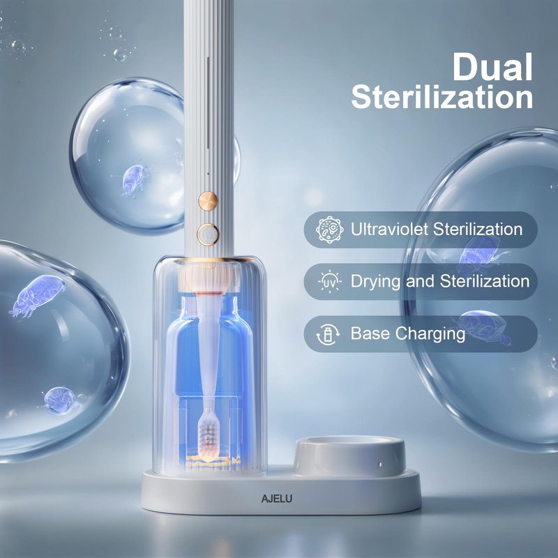 AJELU Electric Toothbrush Set with Drying & Sanitizing Holder, 8 Replacement Brush Heads, Transparent Rinse Cup, Smart Timer, USB Rechargeable for Adults