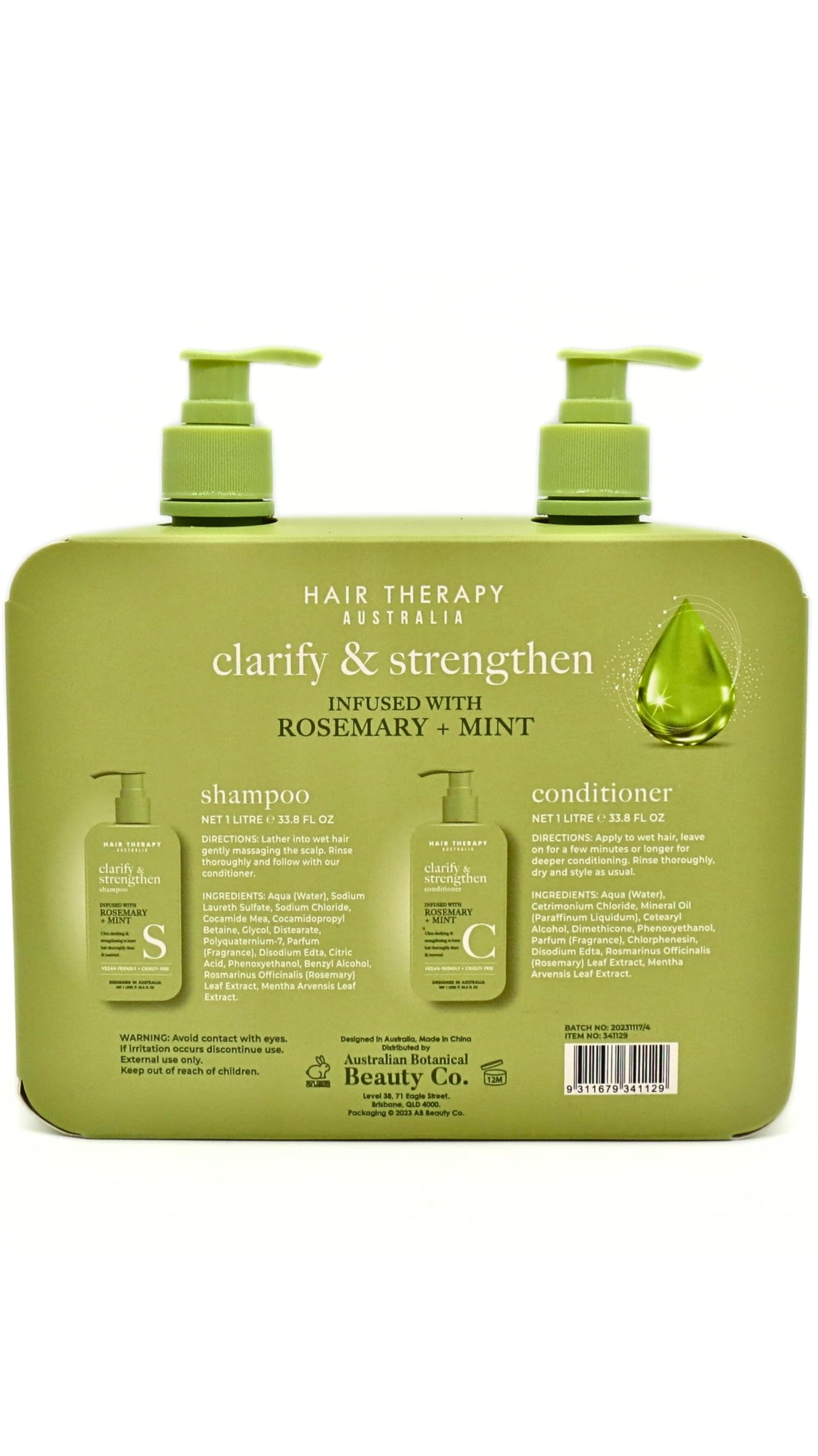 Hair Therapy Australia Clarify & Strengthen Shampoo & Conditioner Set | Rosemary + Mint Infused | Vegan & Cruelty Free, 2.11 Pound (Pack of 2), Green
