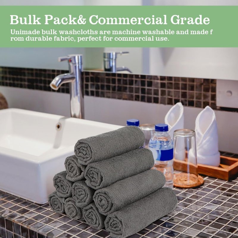 Washcloths Bulk - 100 Pack Microfiber Face Towels | Soft, Fast-Drying Cleansing Cloths for Bathroom, Spa, Hotel - Grey (12" x 12")