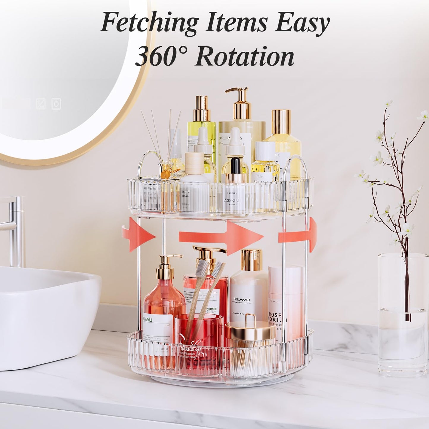 Delamu Rotating Bathroom Countertop Organizer, Large Capacity 2-Tier Multi-Function Storage for Cosmetics, Skincare, and Perfume. Makeup Organizer Countertop Ideal for Dresser, Bathroom,Vanity, Clear