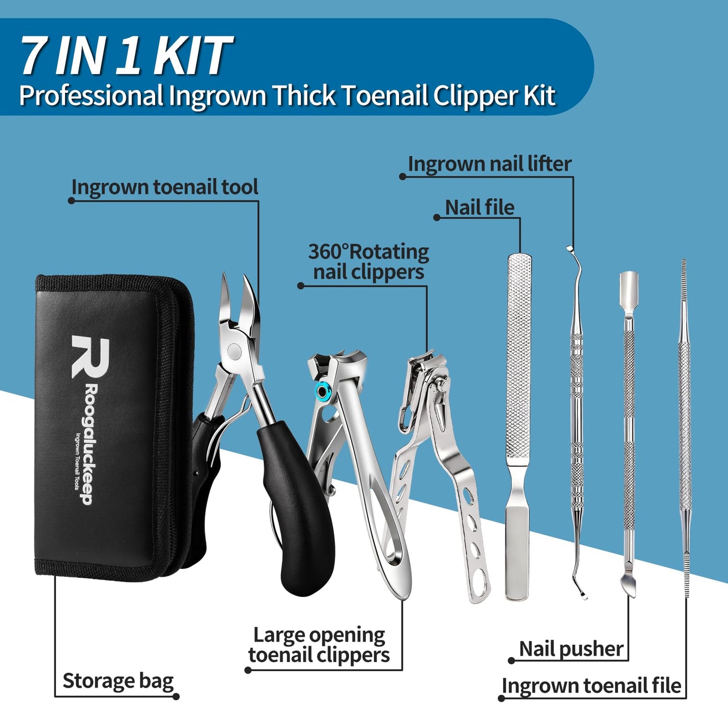7-Piece Professional Stainless Steel Ingrown Toenail Removal Kit, Ingrown Toenail Treatment Set, Toenail Clippers for Thick Toenails, Heavy Duty Nail Clippers Tools for Adult Seniors Home Foot Care