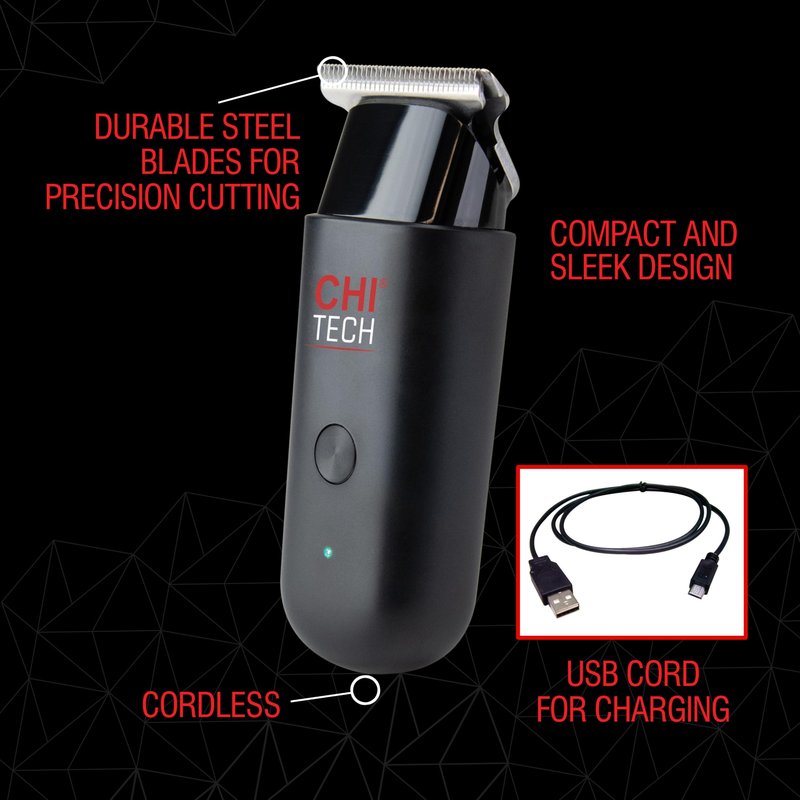CHI Tech Cordless Mini Trimmer & Clipper, Hair Trimmer for Edging, Blending & Beard Trimming, Stainless Steel Blades, Includes 4 Guard Attachments