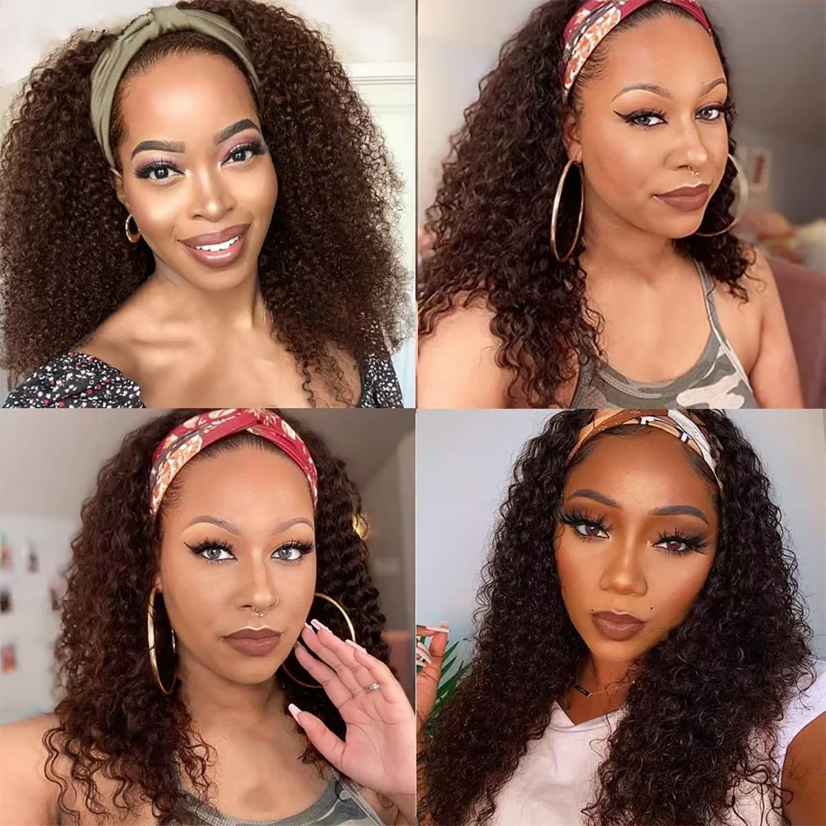 Maytune Ombre Headband Wig Human Hair Curly 12 inch Deep Wave Headband Wigs for Women Glueless P4/27 Highlight Water Wave Head band Wigs Human Hair
