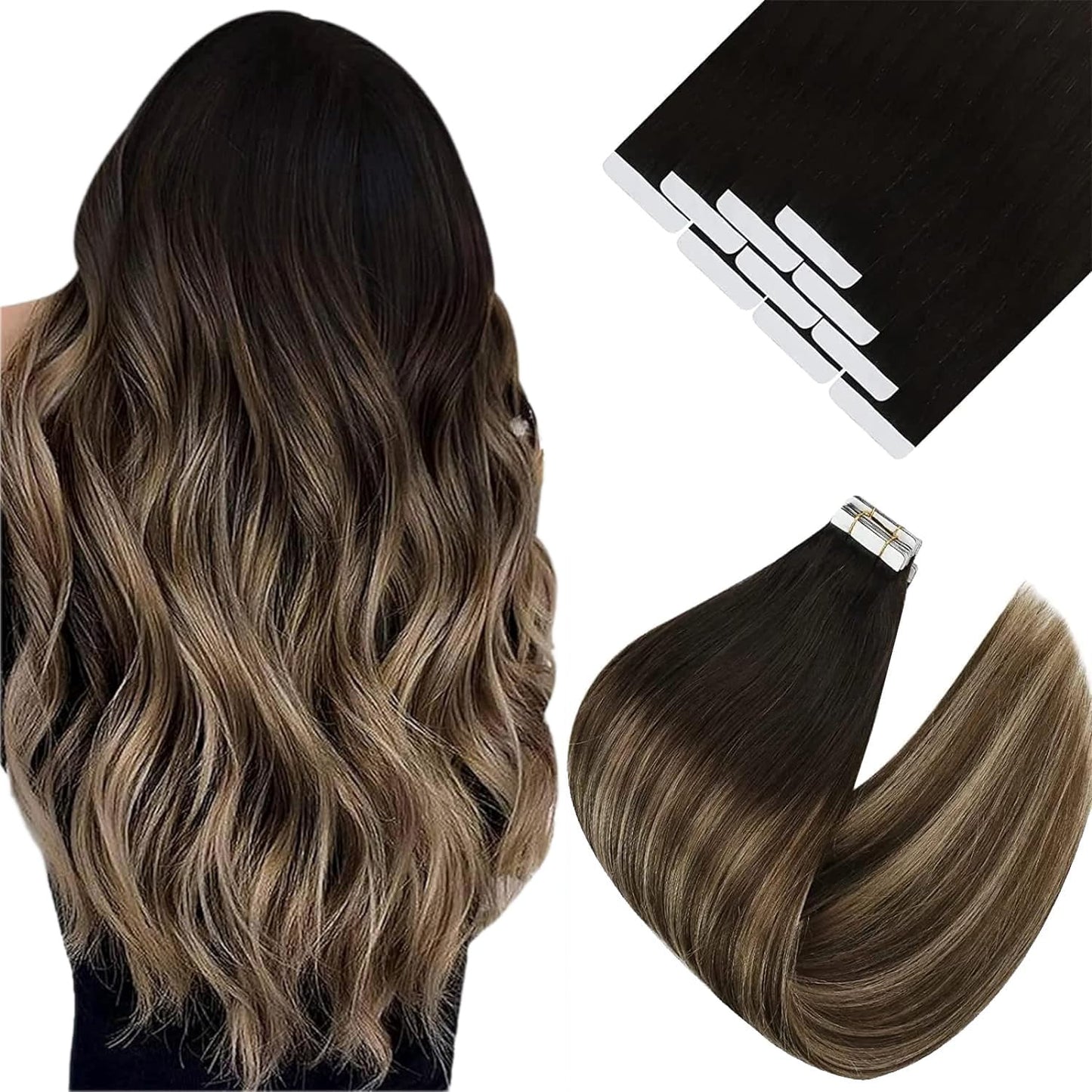 Ve Sunny Tape in Hair Extensions Real Human Hair Invisible Remy Human Hair Straight Tape Ins Double Sided Natural Black Ombre Dark Brown Balayage Ash Blonde 20 inch 10Pcs 25G