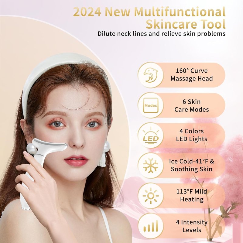 Red Light Therapy Device for Face & Neck - 4 Color LED Skin Care Tool | Micro-Current Vibration, Hot & Cold Functions