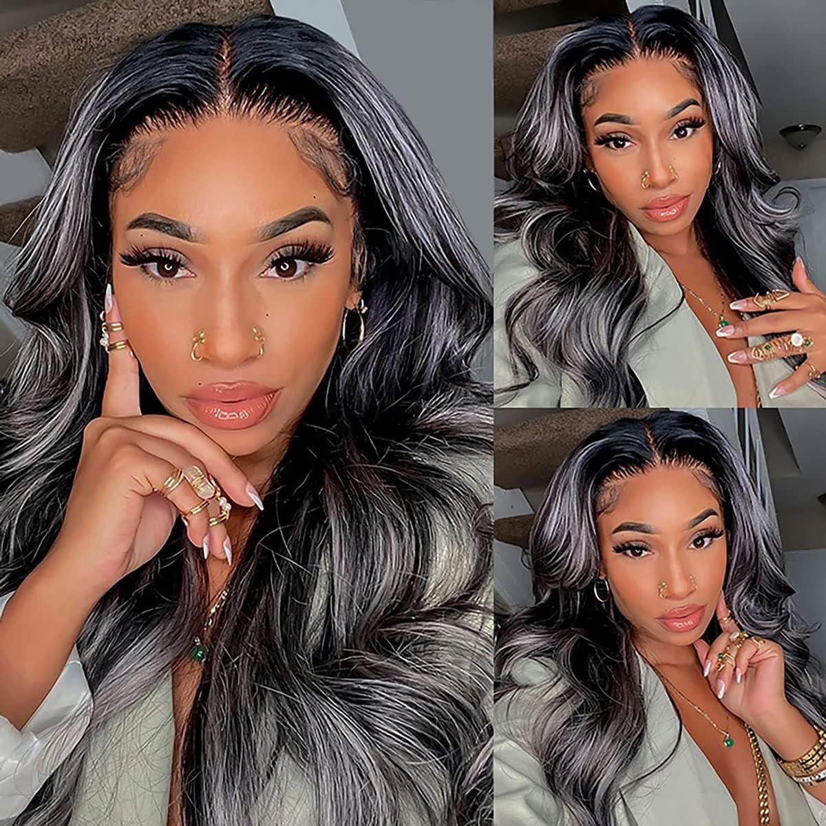Bafamiya Highlight Grey Human Hair Bundles Body Wave 14 16 18 Inch P1B/Grey Bundles Human Hair 3 Bundle 300g Total Unprocessed Brazilian Virgin Hair for Black Women
