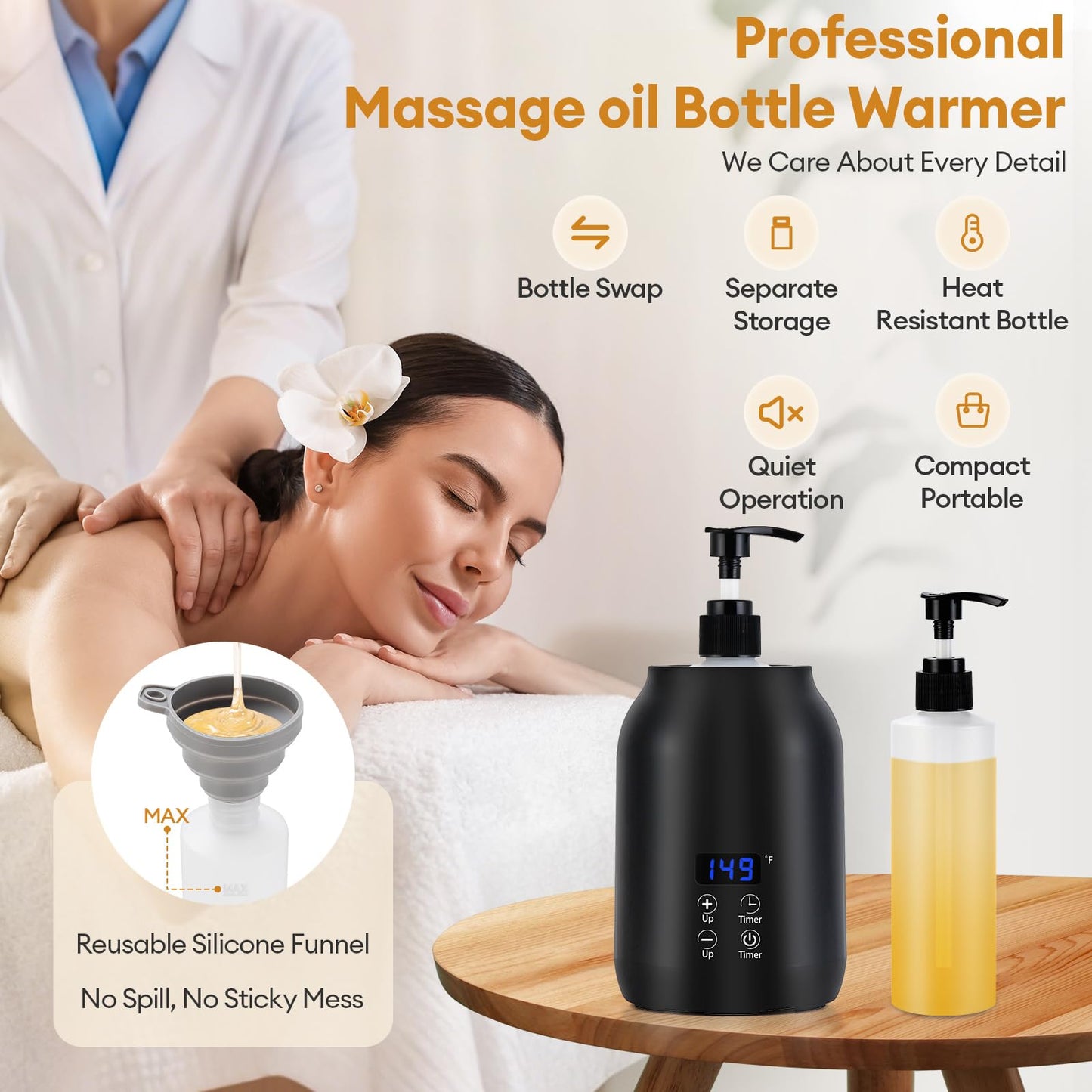 Massage Oil Warmer Heater with Dual 8.5oz Massage Oil Bottles & Funnel