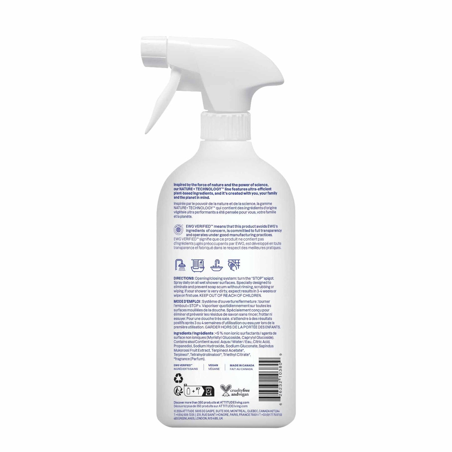 ATTITUDE Shower & Tile Cleaner Spray, EWG Verified, Bathroom Cleaner Removes Soap Scum & Grime, Plant-Based & Vegan, Citrus Zest Scent, 27.1 Fl Oz