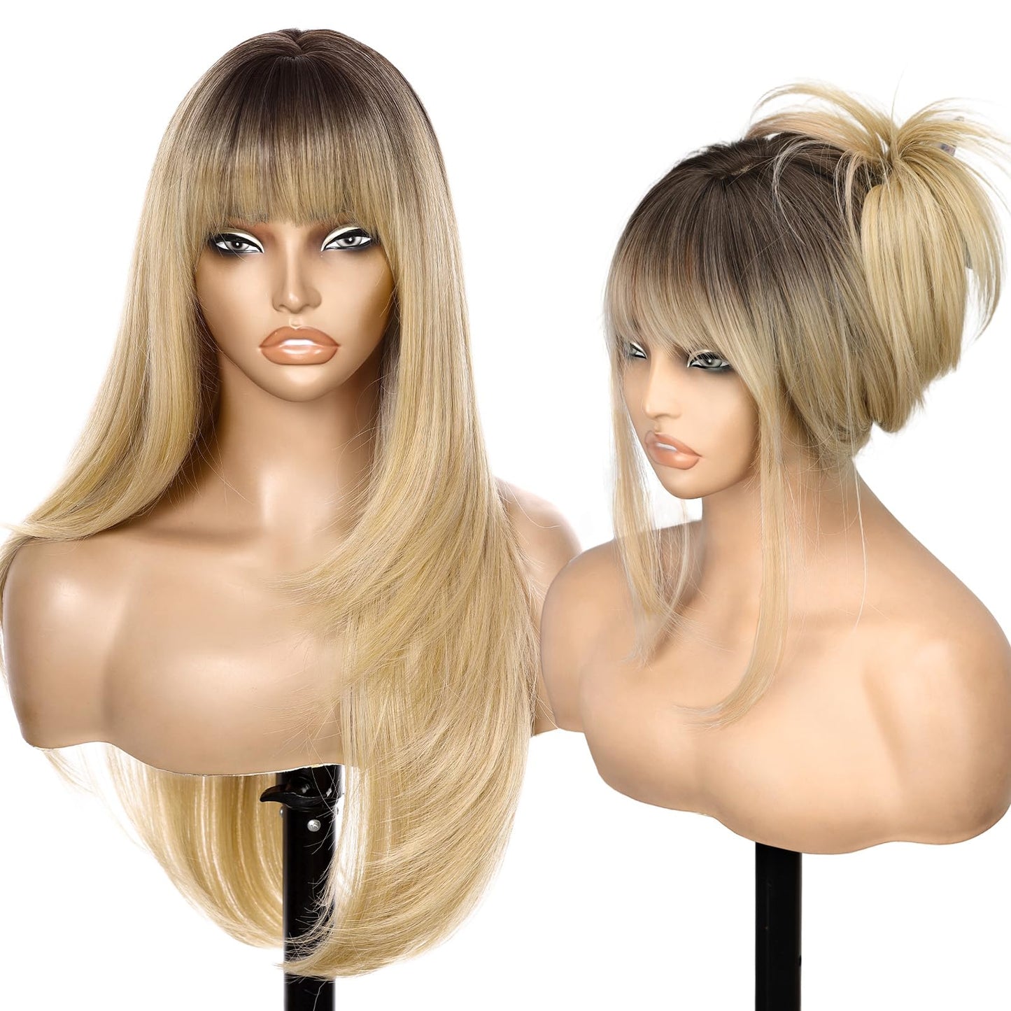 Nnzes Ombre Blonde 26-inch Long Wig with Bangs for Women - Straight Layered Style, Realistic Scalp, Freestyle Parting, Natural-Looking & Heat-Resistant Synthetic Hair for Daily and Party Use