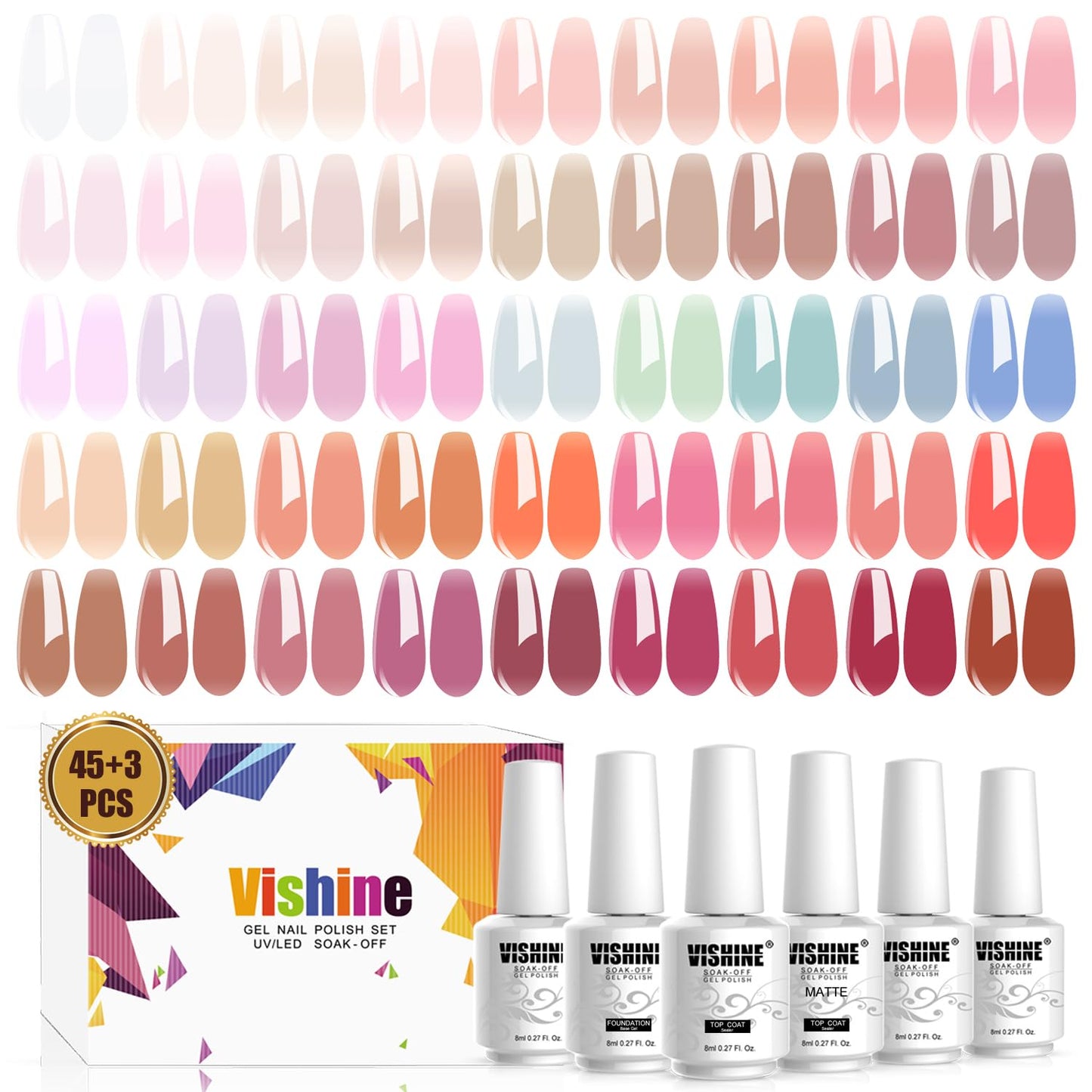 Vishine 48 PCS Gel Polish Set, 45 Jelly Nude Pink Gel Nail Polish Set All Season Neutral Sheer Milky White Gel Nail Polish Set with Gel Base and Matte Glossy Top Coat Manicure Salon at Home