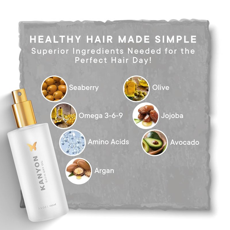 Kanyon Satin Dry Oil for Colored & Damaged Hair - Non-Greasy, High Heat Protection, UV Protection | 3.3 Oz