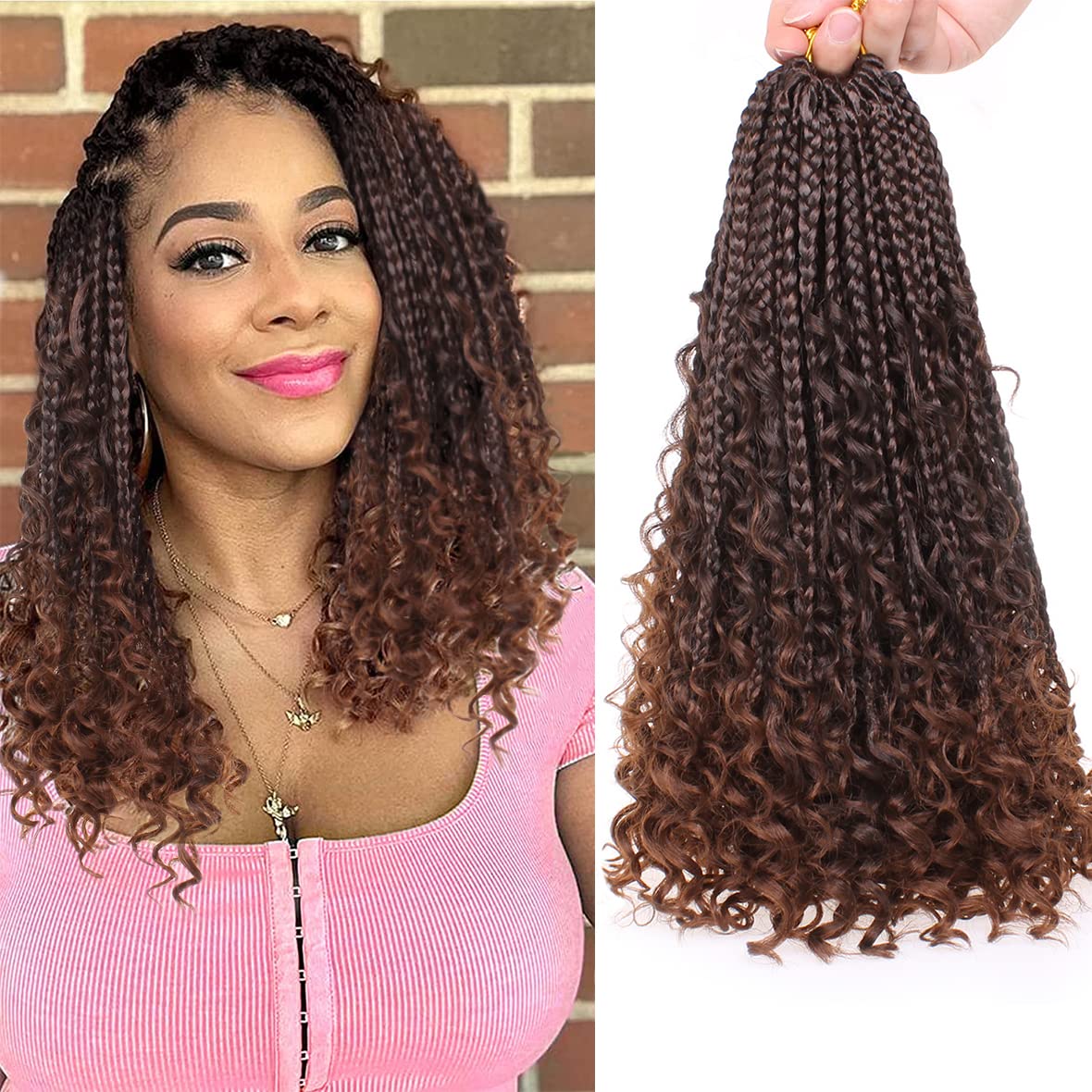COOKOO 14 Inch Goddess Box Braids Crochet Hair With Curly Ends 8 Pack Synthetic Bohomian Hippie Box Braids Crochet Hair Pre Looped Braiding Hair Extension for Black Women T30#