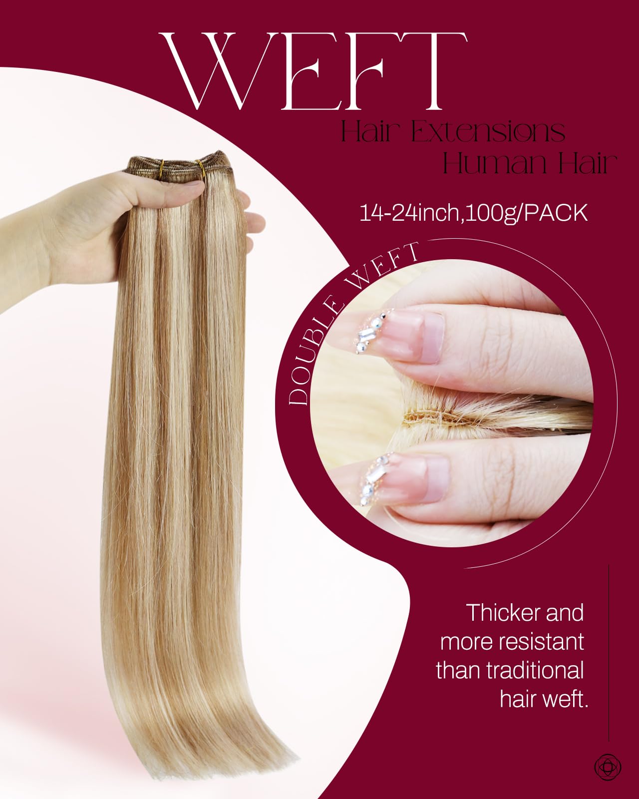 Moresoo Sew in Hair Extensions Real Human Hair Remy Medium Brown with Platinum Blonde Highlight Straight Weft Hair Extensions for Women Natural Blend 14 inch 100G