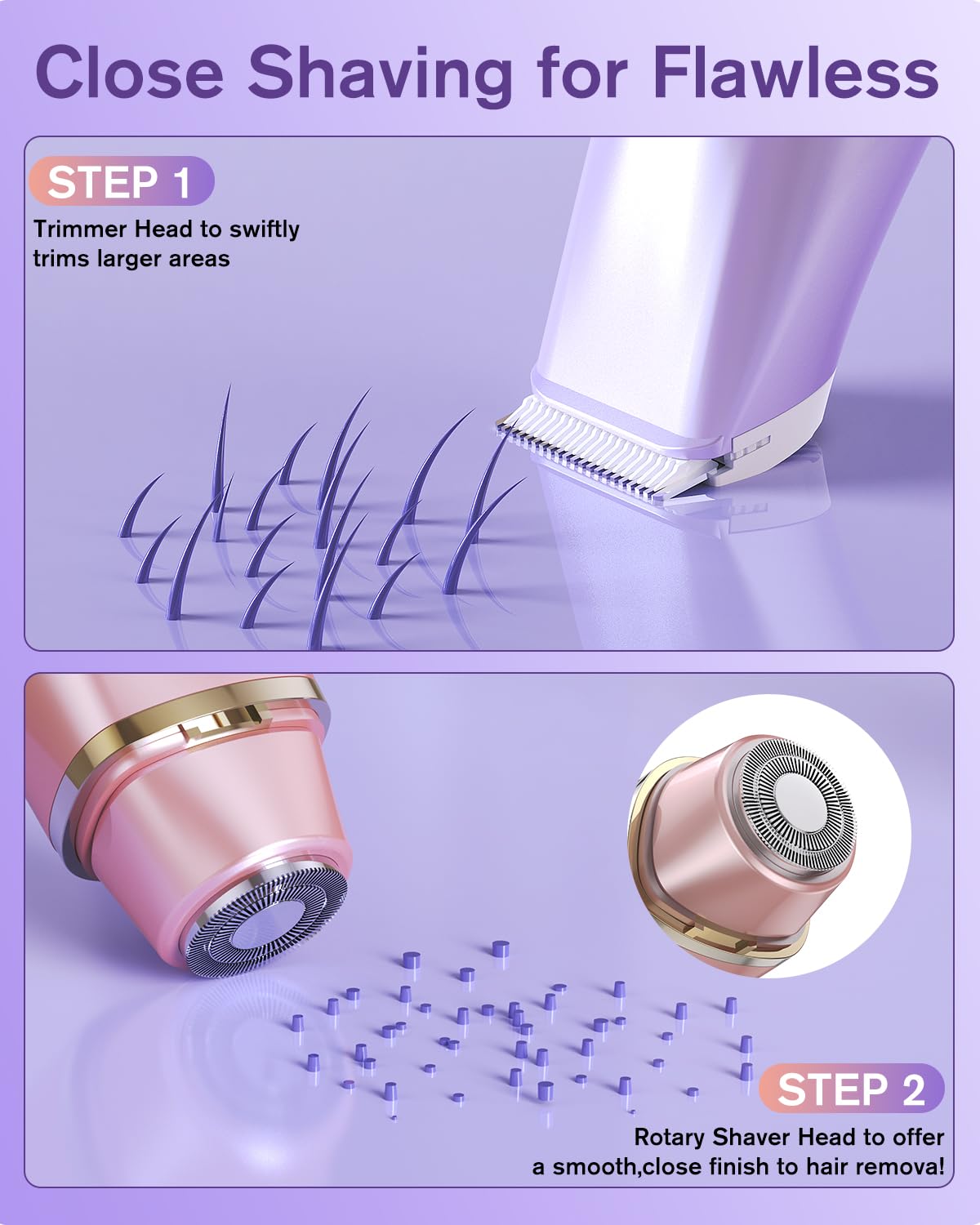 Happnear 2 in 1 Electric Bikini Shaver for Women - 2025 Dual Head Bikini Trimmer for Women IPX7 Waterproof Wet & Dry Use Bikini Razor for Travel Rechargeable Electric Razor for Underarm Leg Arm,Purple