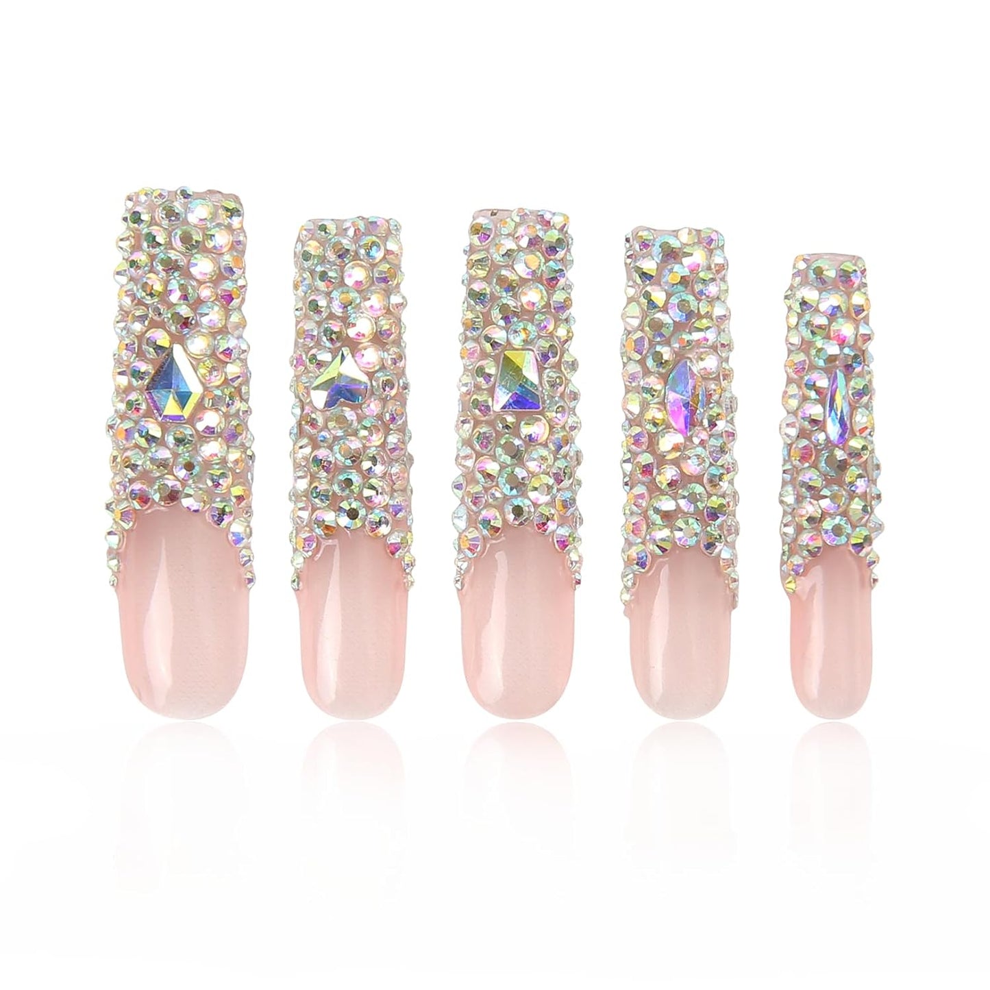 Press On Nails - Angel's Tear | Handmade Full-Covered Crystals | Reusable Square Long 2.2 in