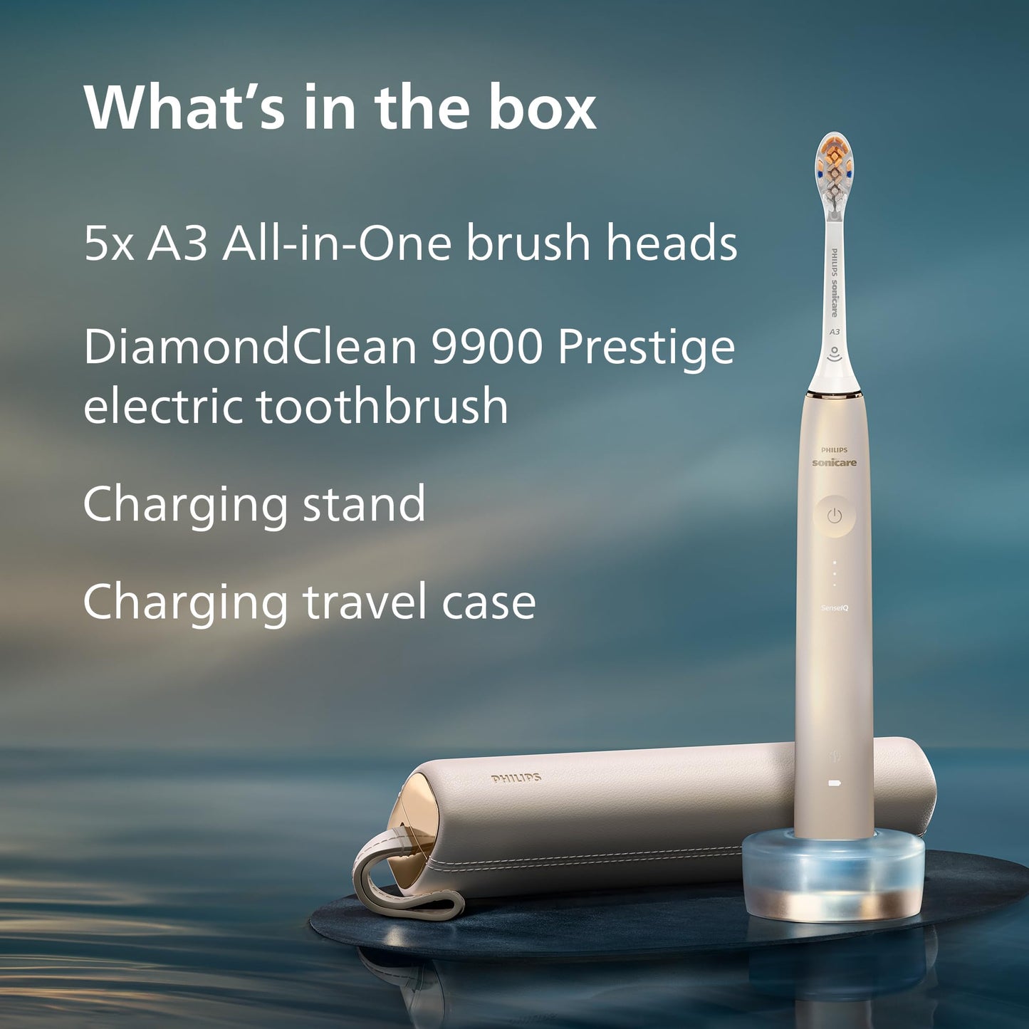 Philips Sonicare DiamondClean 9900 Prestige Electric Toothbrush - with SenseIQ Technology and Advanced AI App, 5 Brushing Modes, 3 Intensity Levels, Charging Travel Case, Champagne, BD9001AZ