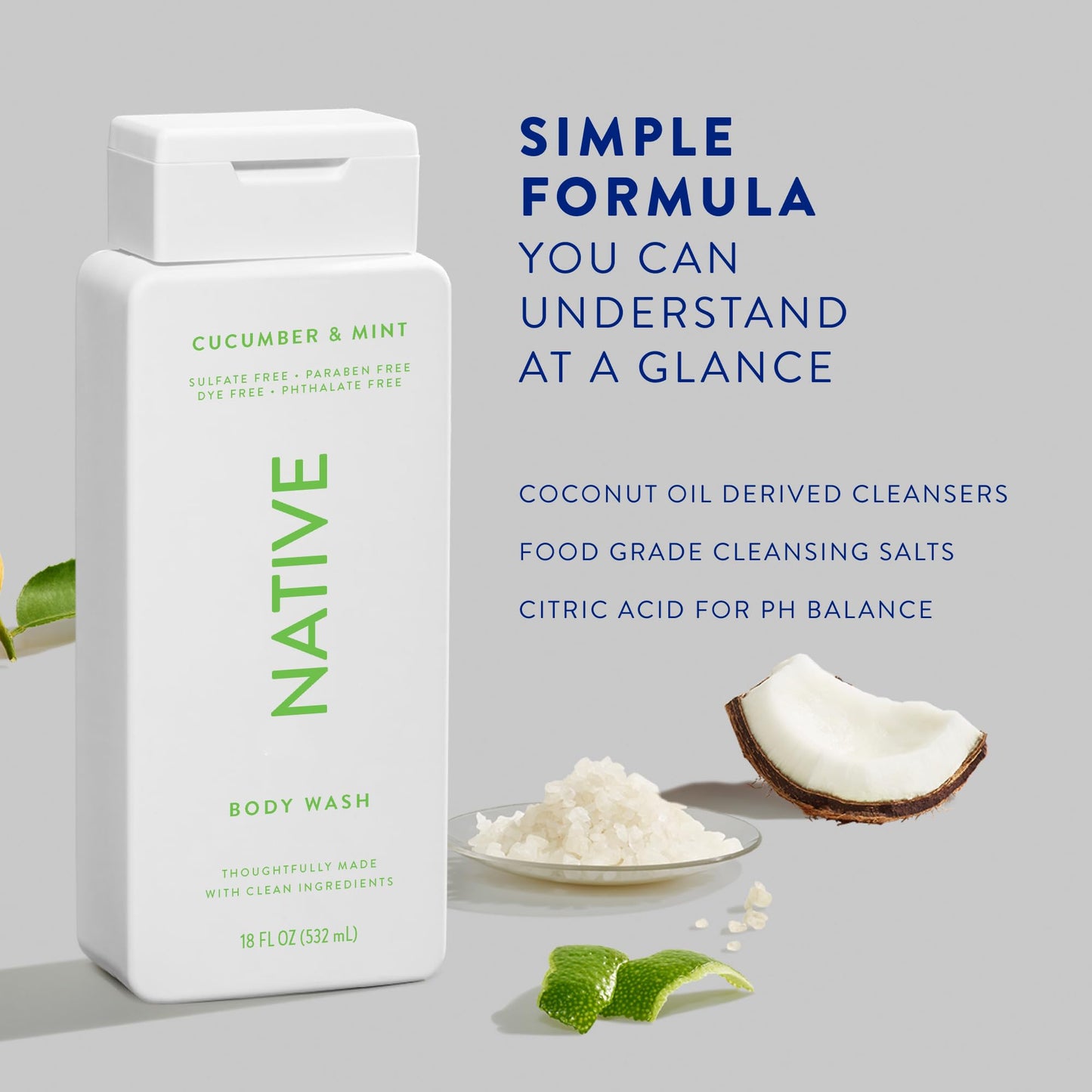 Native Body Wash Contains Naturally Derived Ingredients | For Women & Men, Sulfate, Paraben, & Dye Free Leaving Skin Soft and Hydrated | Cucumber & Mint 18 oz (Pack of 2)