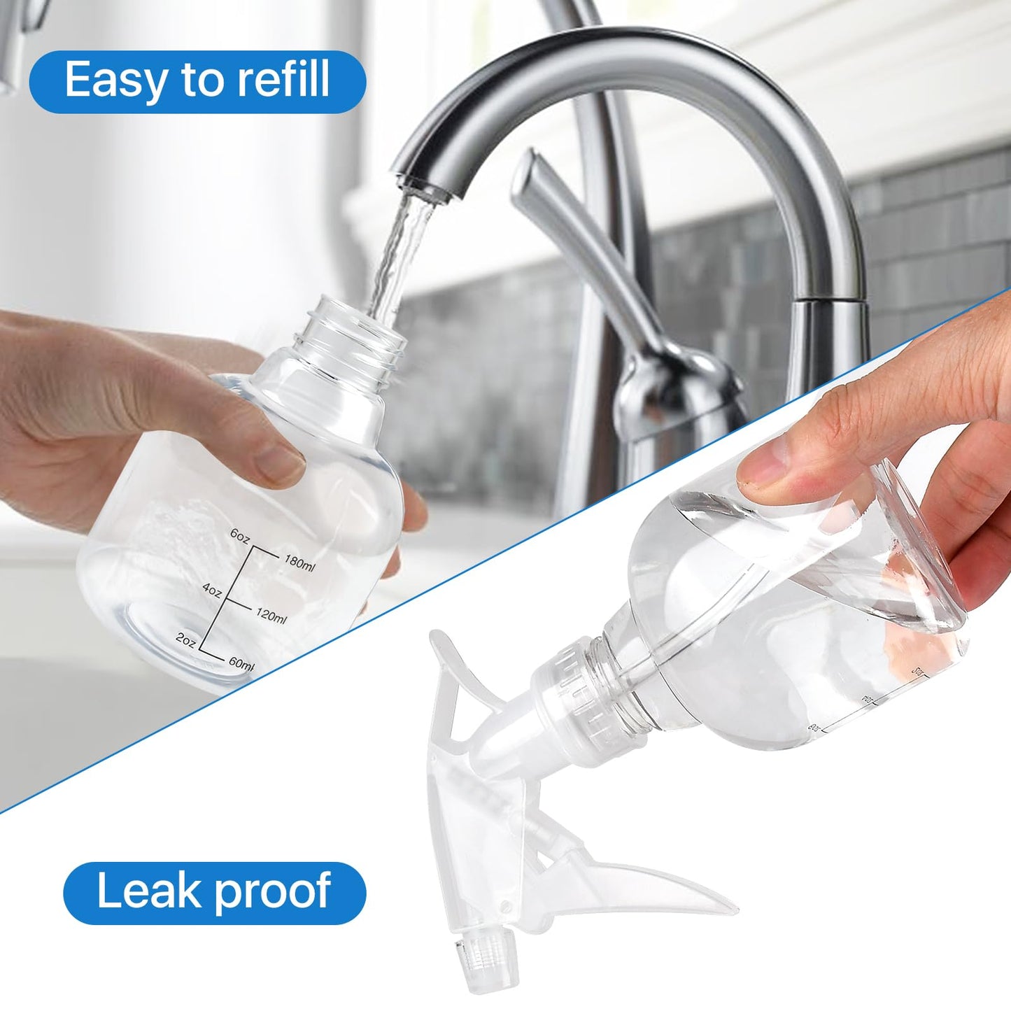 Worldity 24 Pcs Empty Plastic Spray Bottles 8 oz, Clear Mini Spray Bottles with Measurement Adjustable Nozzle, Refillable Spray Bottle for Hair Plant Kitchen Bath