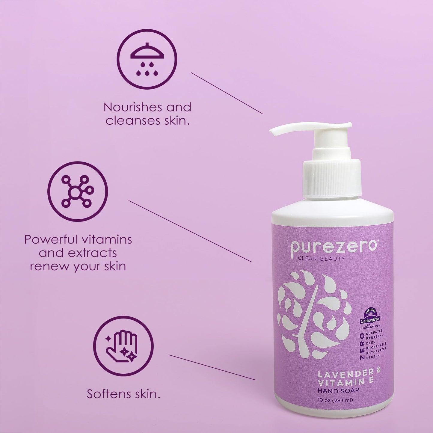 Purezero Lavender & Vitamin E Hand Soap Soothing & Hydrating, Paraben-Free & Vegan Liquid Hand Wash for Bathroom or Kitchen, USA-Made, Cruelty-Free, 10 ounces (3 Pack)